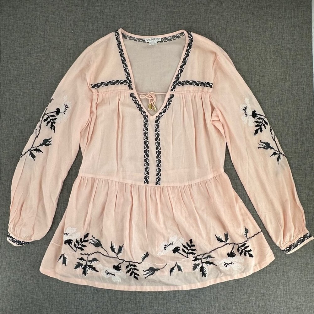 Venus Peachy Pink Top Embroidered Long Sleeve Bohoβ Loose Fit Pleated Small